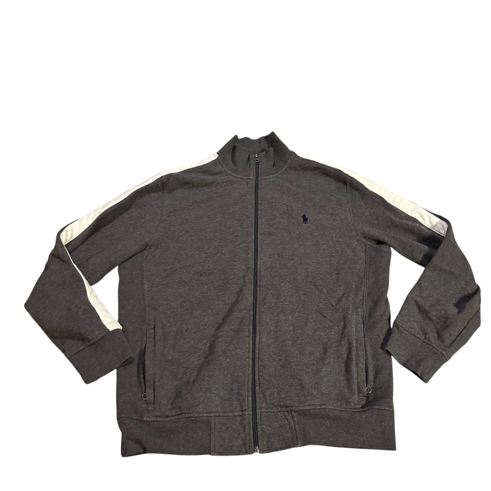 Polo Ralph Lauren‎ Mens Track Jacket Gray White Stripe Full Zip Mock Neck Large